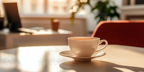 Coffee cup on desk near laptop in morning light