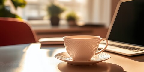 Coffee cup on desk near laptop in morning light