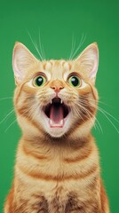 Surprised ginger cat on green background