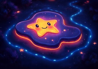 A cheerful star surrounded by a glowing pathway in darkness