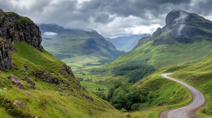 A remote highland road winding between rugged cliffs and deep green valleys.