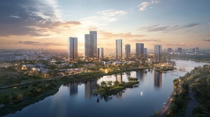 Obraz premium Modern urban development cityscape digital artwork evening setting aerial perspective futuristic vision