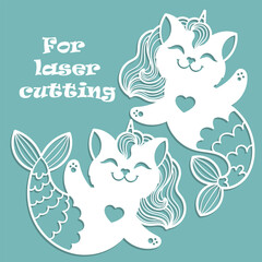 Two mermaid cats. Template for laser cutting from paper, wood, cardboard, metal, etc. For the design of postcards, stickers, interior decorations, toys, etc. Vector illustration