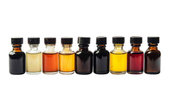 A calligraphy ink set in glass bottles, isolated on white background --ar 16:9