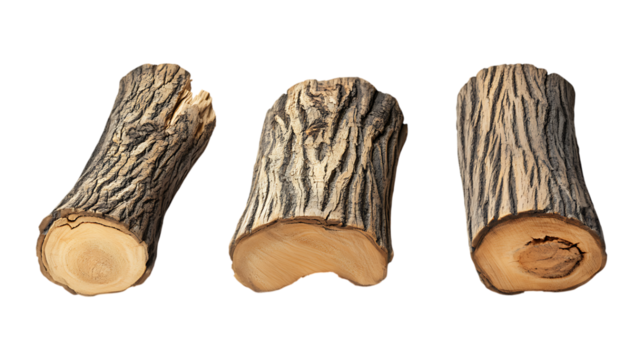 Different Wood Logs Set in Three Poses on Transparent Background for Forestry Illustrations, Construction Designs, or Nature Concepts