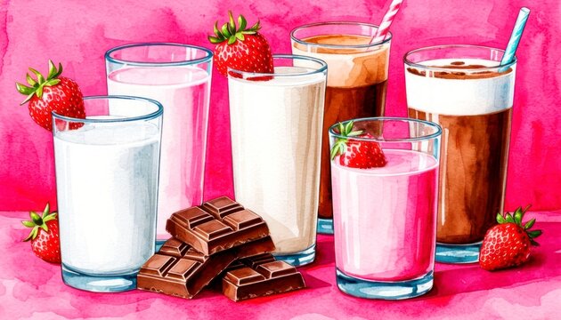 Colorful milkshakes with strawberries and chocolate for cafes, menus, and food blogs
