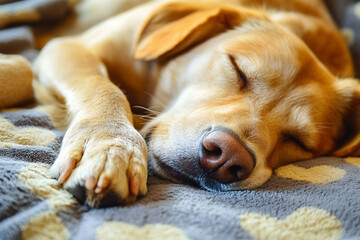 A close-up shot of a light-colored dog, likely a Labrador or Golden Retriever, sleeping peacefully.