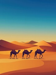 Fototapeta premium Three camels walking through stylized desert illustration 