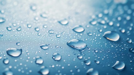 Closeup of Water Droplets on a Clean Blue Surface with Light Background and Macro Bubble Texture