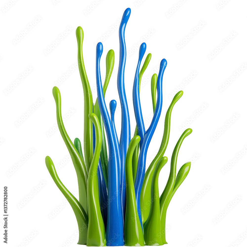 Poster a colorful abstract sculpture with blue and green elongated shapes resembling seaweed, creating dyna