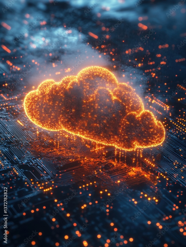 Poster futuristic orange cloud computing concept on circuit board background representing digital technolog