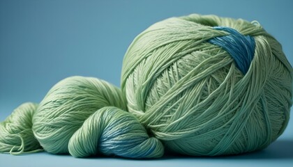 A close-up studio shot shows a ball of green yarn on a blue background with small dots