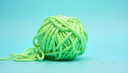 A close-up studio shot shows a ball of green yarn on a blue background with small dots