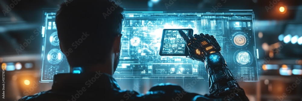 Poster futuristic robotic hand with glowing fingertip, symbolizing artificial intelligence, advanced techno