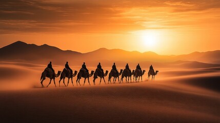 Caravan of camels in desert at sunset	