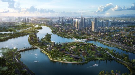 Obraz premium Urban nature integration aerial view of cityscape with rivers modern architecture and green spaces