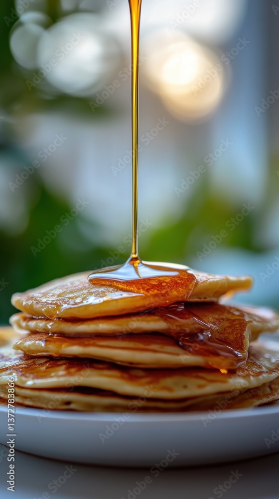 Aufkleber golden syrup drizzling down a stack of fluffy pancakes on a white plate with a blurred background cr