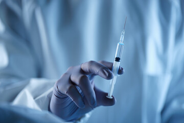 A blue-gloved medic's hand holds a syringe