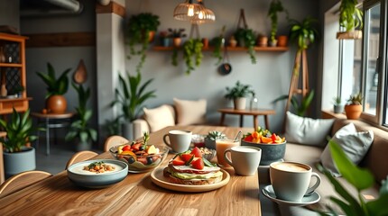 A cozy plant-based caf&eacute; with minimalist decor, serving organic smoothie bowls, avocado toast, and oat milk lattes in an eco-friendly setting