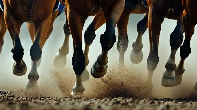 Close up of Racehorse Hooves Kicking up Dust in Slow Motion Generative AI