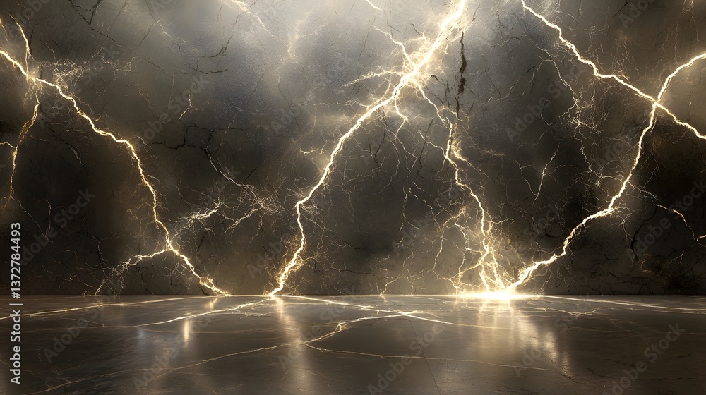 Poster electrifying energy: this image is an impressive display of lightning cracking across a stone wall, 