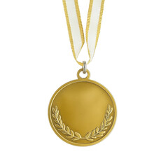 A gold medal with laurel wreath design hangs from white and gold ribbon, symbolizing achievement and excellence. medal simple yet elegant design conveys sense of honor and victory