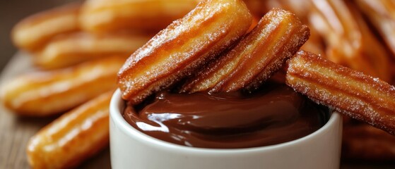 Delicious churros dipped in rich chocolate sauce served in a white bowl on wooden background close up shot sweet treat