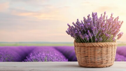 Sunlit lavender field with a wooden basket of freshly harvested lavender, representing aromatherapy and relaxation