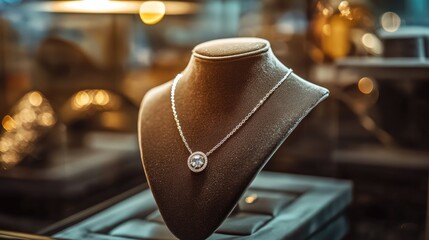 Obraz premium A softly lit jewelry display with a diamond necklace resting on a delicate velvet bust.