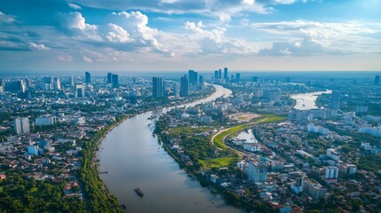 Obraz premium Aerial view of urban river landscape cityscape daytime vibrant environment scenic perspective natural harmony