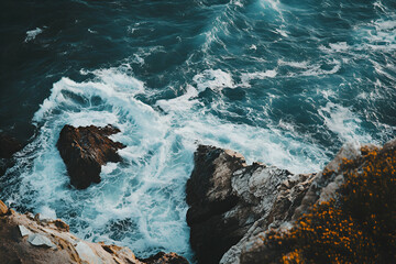 Crashing Ocean Waves Against Rocky Shoreline Under Bright Blue Sky