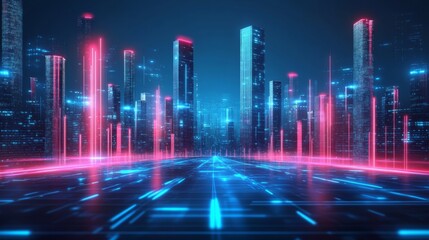 Fototapeta premium create a futuristic city, with neon light, light blue background, red and blue glow of lights sci-fi style, front view 