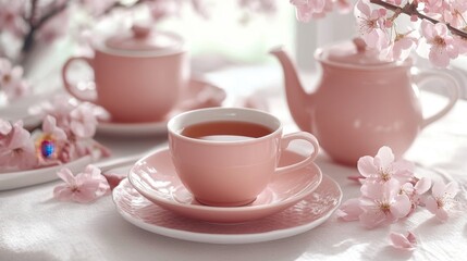 Fototapeta premium Serene pink tea set with cherry blossoms on a white linen tablecloth creating a tranquil and elegant atmosphere in soft light for a cozy afternoon