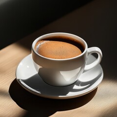 Fototapeta premium Cup of espresso in sunlight on wooden table 