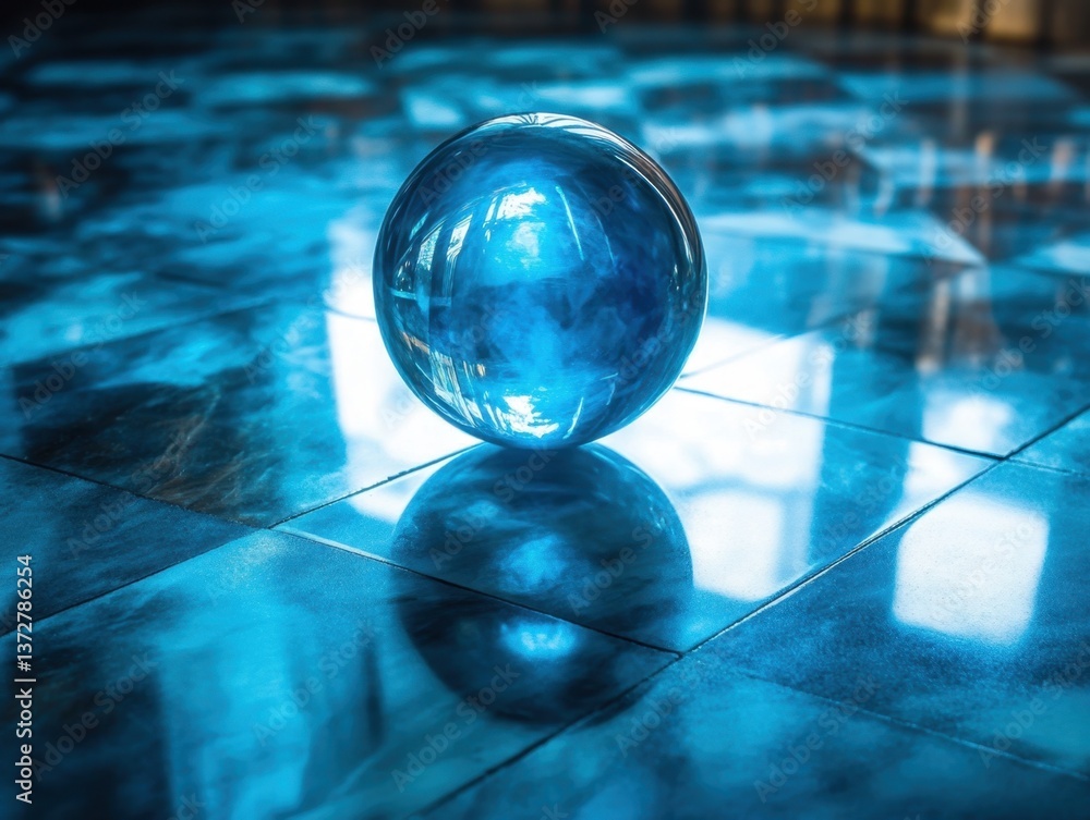 Poster captivating blue glass orb reflecting light on a tiled surface creating a mesmerizing visual effect 