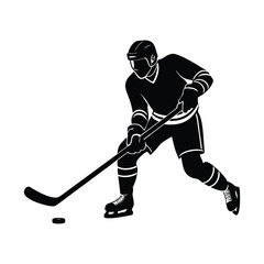 Obraz premium Black vector silhouette of an active hockey player with stick on white background