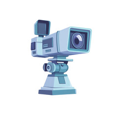 A digital illustration of vintage video camera with tripod, featuring retro design and blue tones. camera has large lens and viewfinder, evoking nostalgia