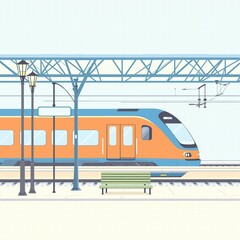 A train is at a station with a bench and a street light