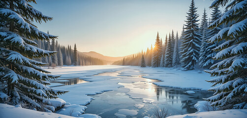 A Frozen River Valley at Dawn