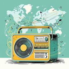Fototapeta premium A yellow radio with a globe in the background