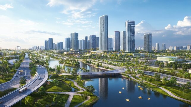 Urban development showcase modern skyscrapers in a city landscape nature integration aerial perspective vibrant atmosphere