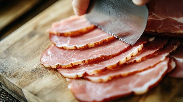A top-down view of a meat slicer cutting thin, even slices of premium ham.