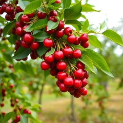 Obraz premium Cherry tree branches with ripe red cherries, in the orchard.