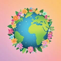 A colorful flowery globe with a green earth in the center