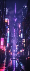 City street at night with bright purple and pink lights.