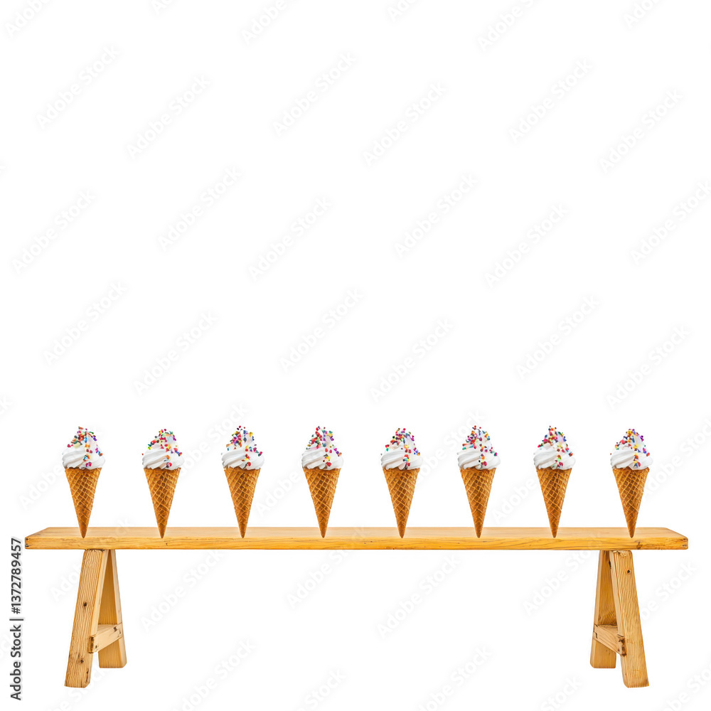 Aufkleber a row of eight ice cream cones with colorful sprinkles is neatly arranged on wooden bench, creating 