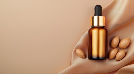 Luxurious golden argan oil in a dropper bottle, surrounded by argan nuts and soft fabric