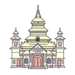 A large yellow building with a red door