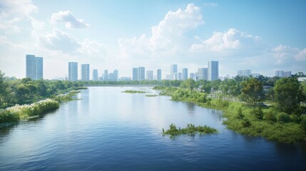 Fototapeta premium Urban landscape reflection on water city river scenic view bright day nature and architecture combined