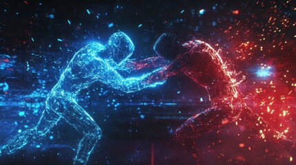 Digital Fighters Boxing Match with Blue and Red Energy Effects
